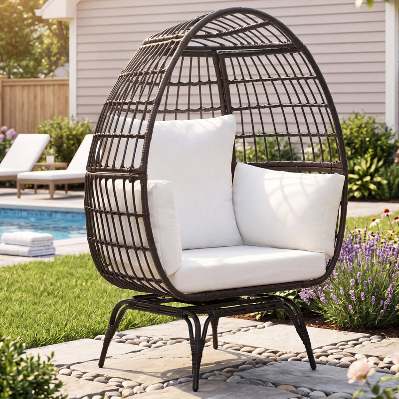 Très grand fauteuil pivotant à 360 °, rotin PEHD toutes saisons avec 4 coussins, capacité de 463 lb pour une utilisation intérieure / extérieure