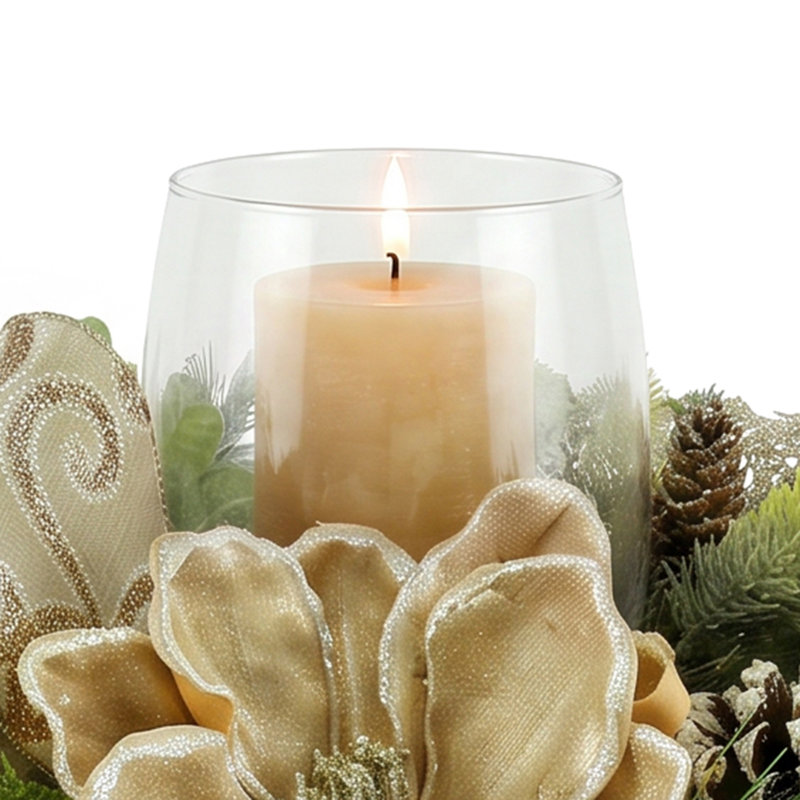 Magnolia Holiday Candleholder With Pine Leaves, Berries And Bows