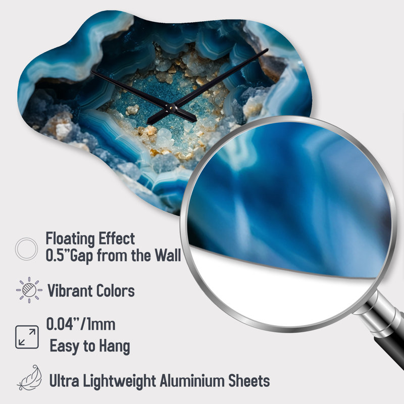 Geode Gems I - Stone Geode Asymmetrical Metal Clock, Blue Cloud Wall Clock Print, Small
