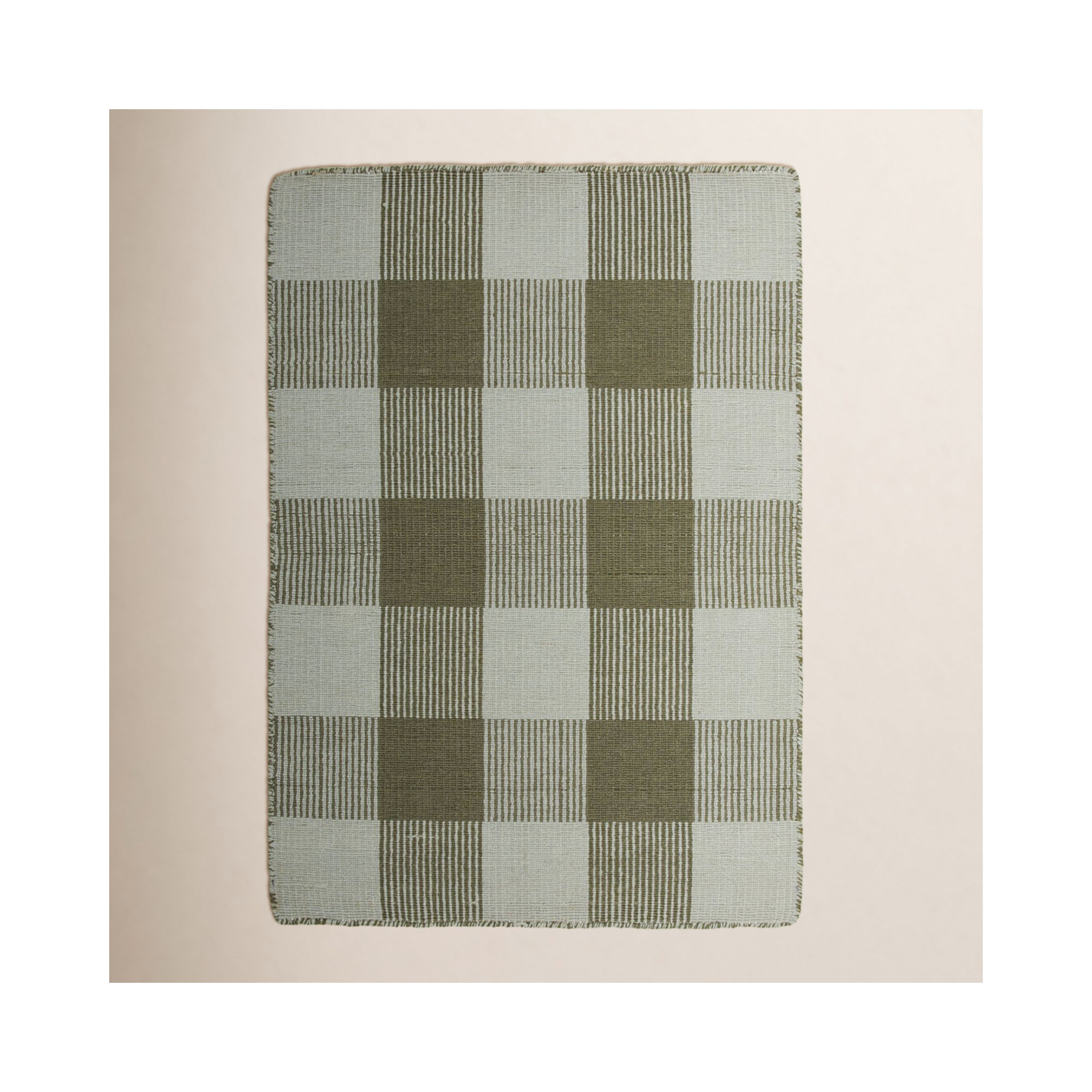 Charliss Gingham Machine Woven Flatweave Shag Wool Area Rug, Olive/Sage, Rectangle 5' x 8'