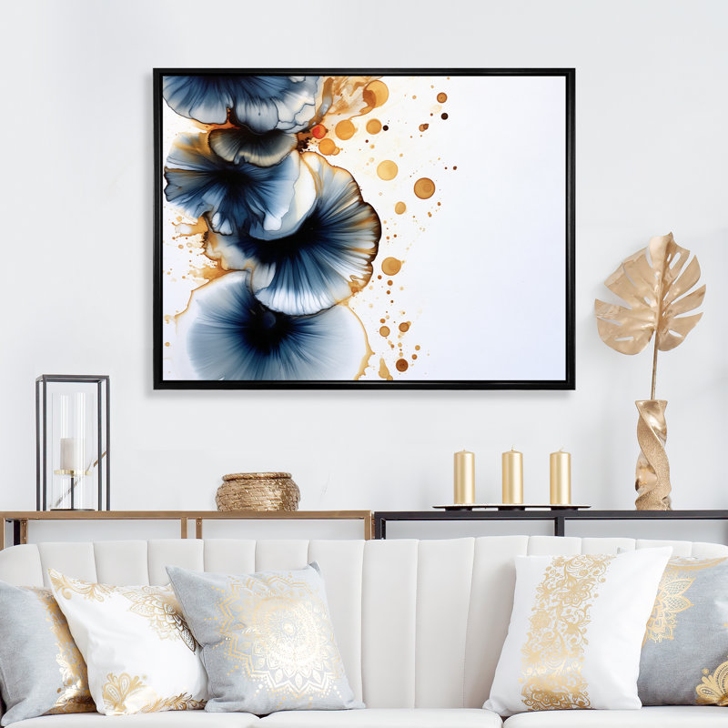 «Lovely Dreams Rhythms Gold & Denim Ink Clouds», reproduction d'art sur toile, Cadre flottant noir, 30" H x 40" W