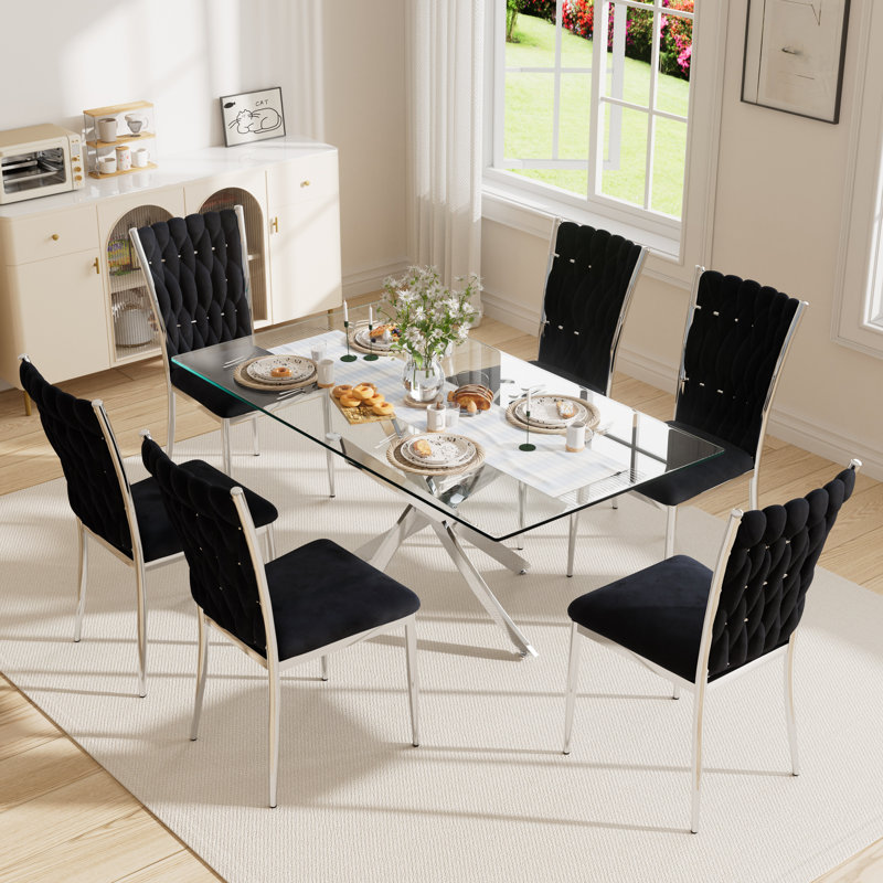 63" Rectangular Tempered Glass Table set, 7, Black/Silver