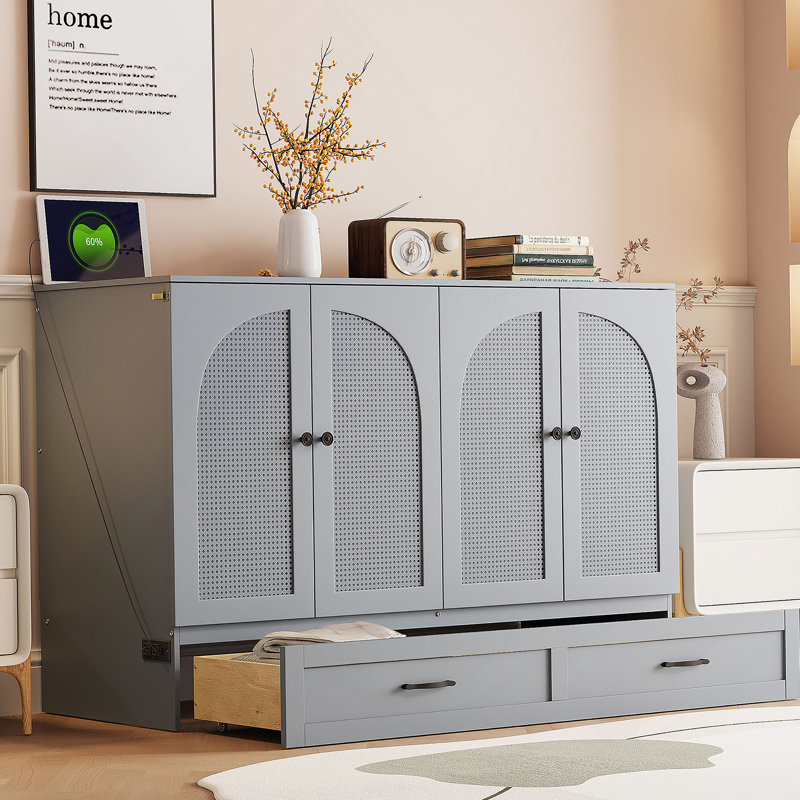 Lit escamotable double avec grands tiroirs, Double, gris