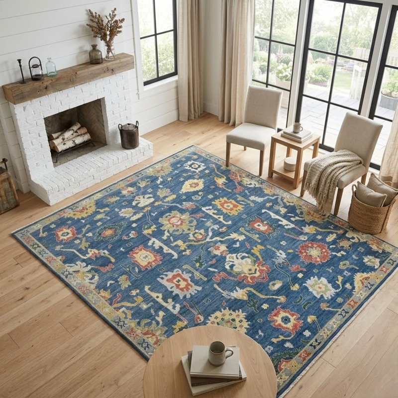 Bristol Hand Knotted Wool Area Rug in Blue; Rust; Grey; Yellow; Ivory, Rectangle 8' x 10'