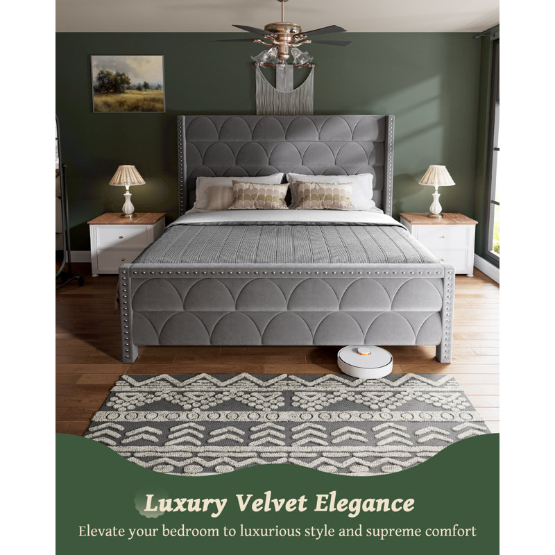 56" Velvet Wingback Bed Frame
