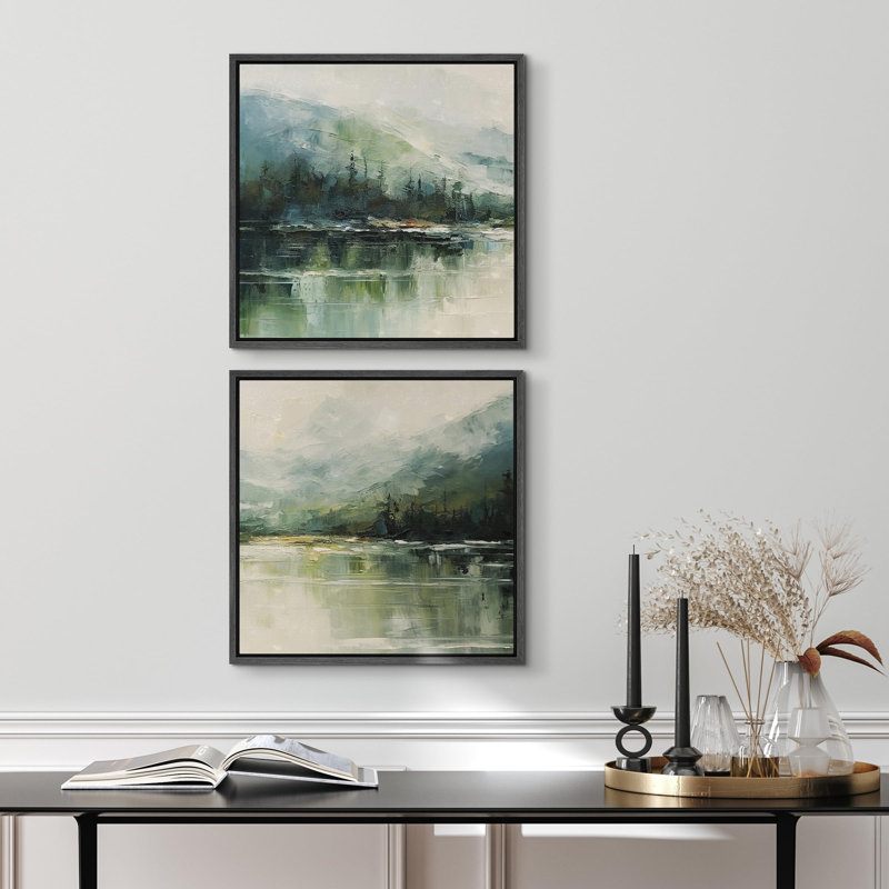 Vert, brume, montagne, réflexion, lac serein, nature, paysage, illustrations, art moderne, calme minimal, Cadre flottant noir