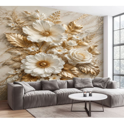 Papier peint adhésif pelez et collez Magnifique décoration murale en papier auto-adhésif amovible en or blanc et fleurs blanches en marbre blanc pour salon H 100 po x l 144 po