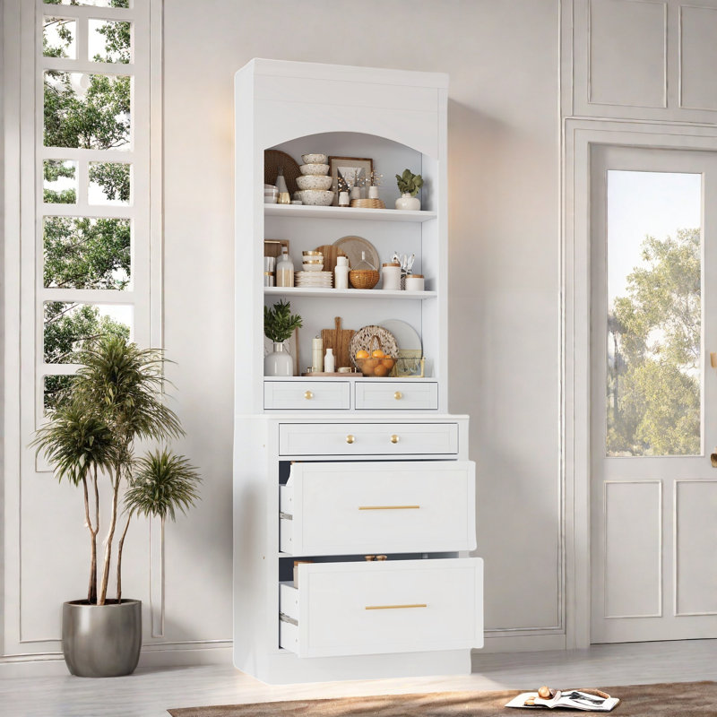 Garde-manger moderne avec plateau en faux marbre, 5 tiroirs et une tablette réglable, ensemble de 2, Blanc, Doré