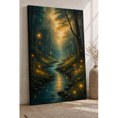 Impression sur toile 24 x 36 pouces, grande forêt enchantée, rivière, art mural, lucioles lumineuses, décor pour la chambre à coucher, nuit de fantaisie