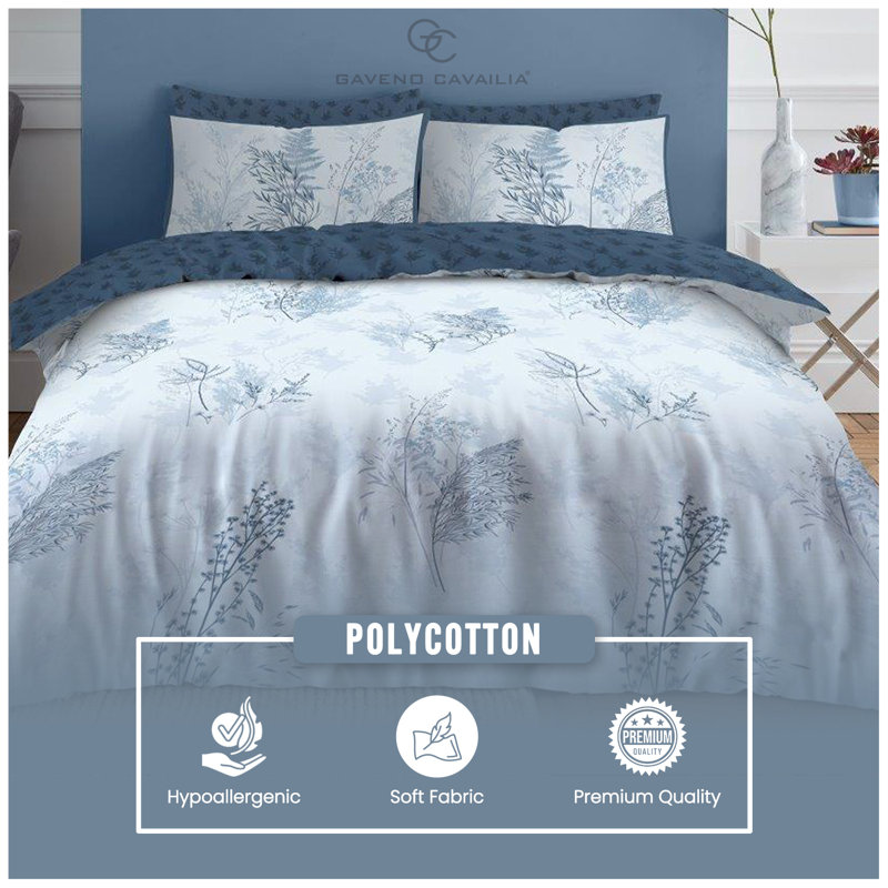 Polycotton Botanical Duvet Cover Set with Pillowcases, Lightweight Breathable Soft Fabric Bedding, Available in Sinlge Double King