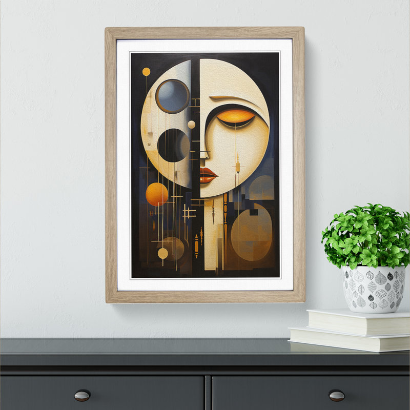 Moon Constructivism - Single Picture Frame Print on Wood, Oak Framed, 46cm H x 34cm W x 2cm D