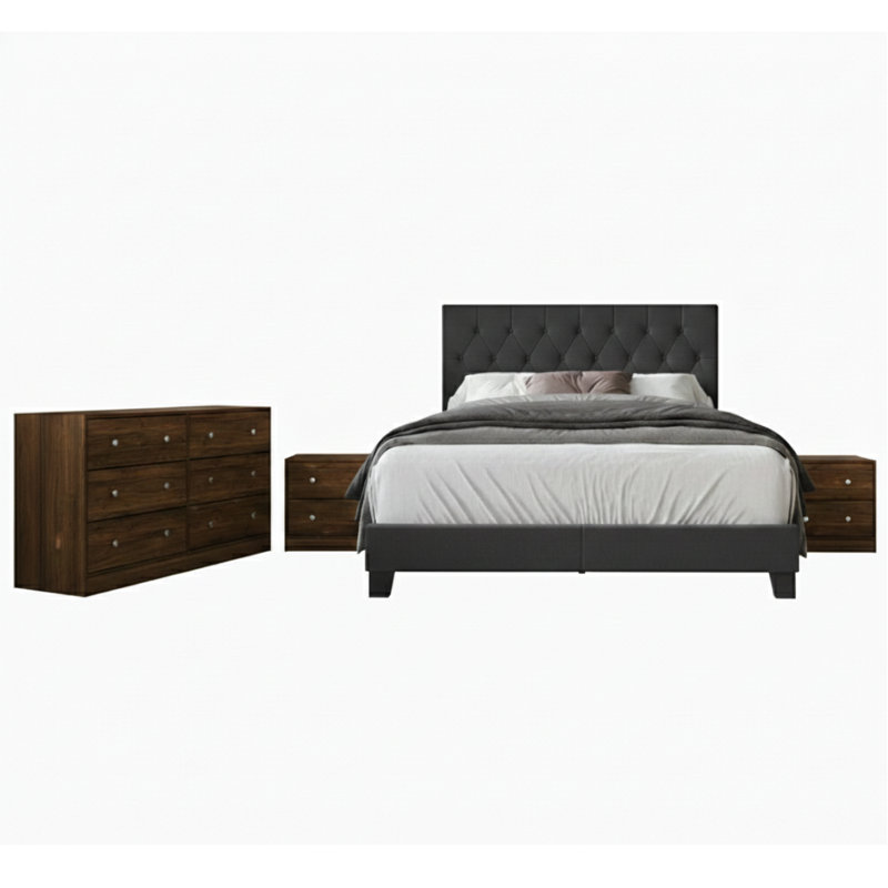 Lit à panneaux tapissier très grand avec 1 commode et 2 tables de chevet Dillon, Très grand, Denim Blue, Noir