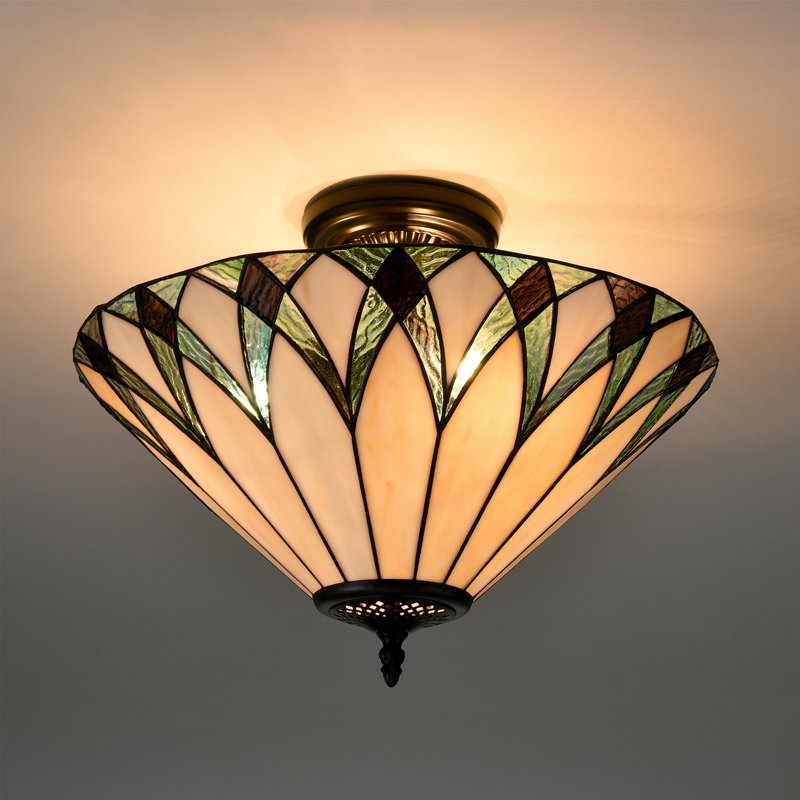 Stained Glass Semi Flush Ceiling Light, Green