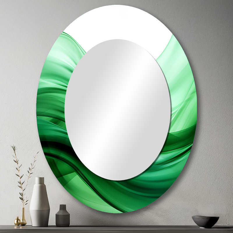 Green And White Fractal Waves III - Abstract Oval Decorative Mirror On Metal, 43" x 33"