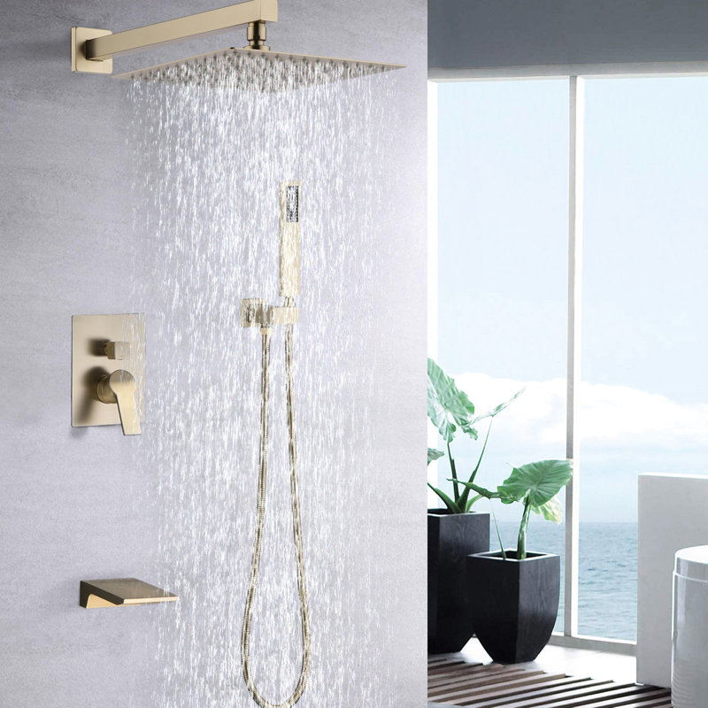 Pomme de douche 10 "brossée or, fixation murale, système de pluie, disque en céramique, tête équilibrée, serrure