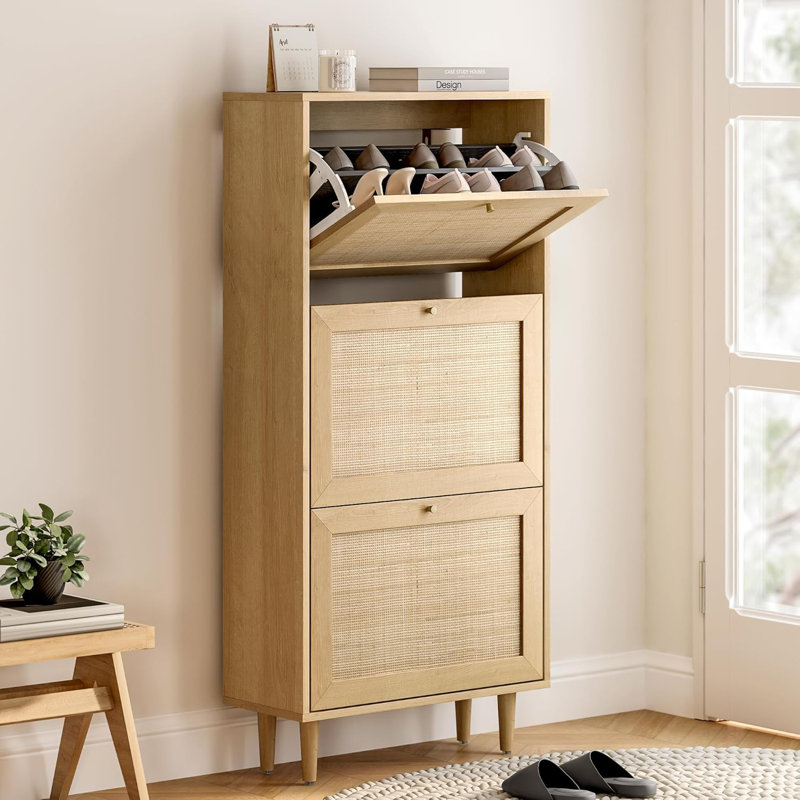 18 Pair Solid Wood Shoe Rattan Shoe Cabinet, Entryway Wooden Shoe Rack With 3 Flip, Oak