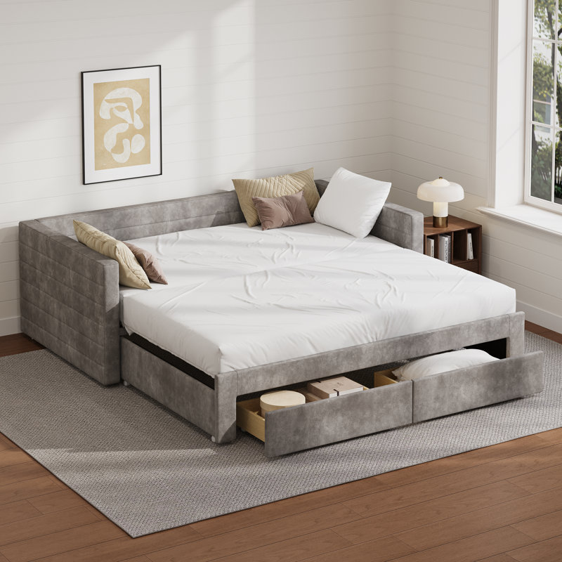 Twin Size Upholstered Extendable Daybed Frame With Trundle,Space-Saving Twin To King Design, Chenille Fabric Sofa Bed With Storage Drawers