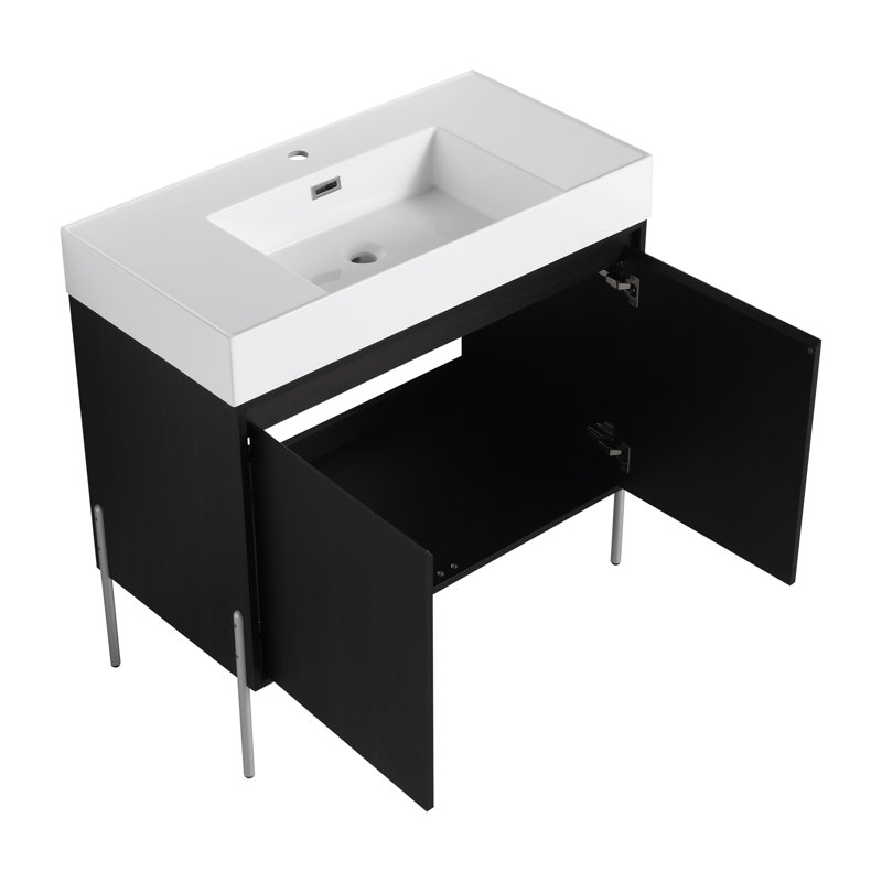 Meuble-lavabo autoportant avec lavabo en résine, armoire de rangement avec portes à fermeture douce (ensemble KD)