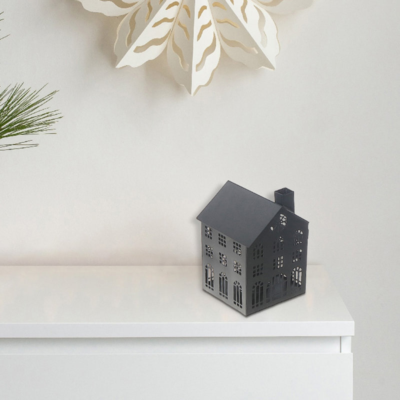Metal House Tealight Holder (Large), 6" H x 5" W x 8" D, Black