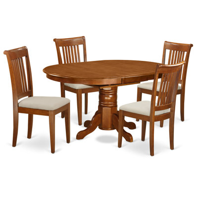 5 Piece Dining Set Includes an Oval Dining Room Table with Butterfly Leaf and 4 Linen Fabric Kitchen Chairs, Saddle Brown