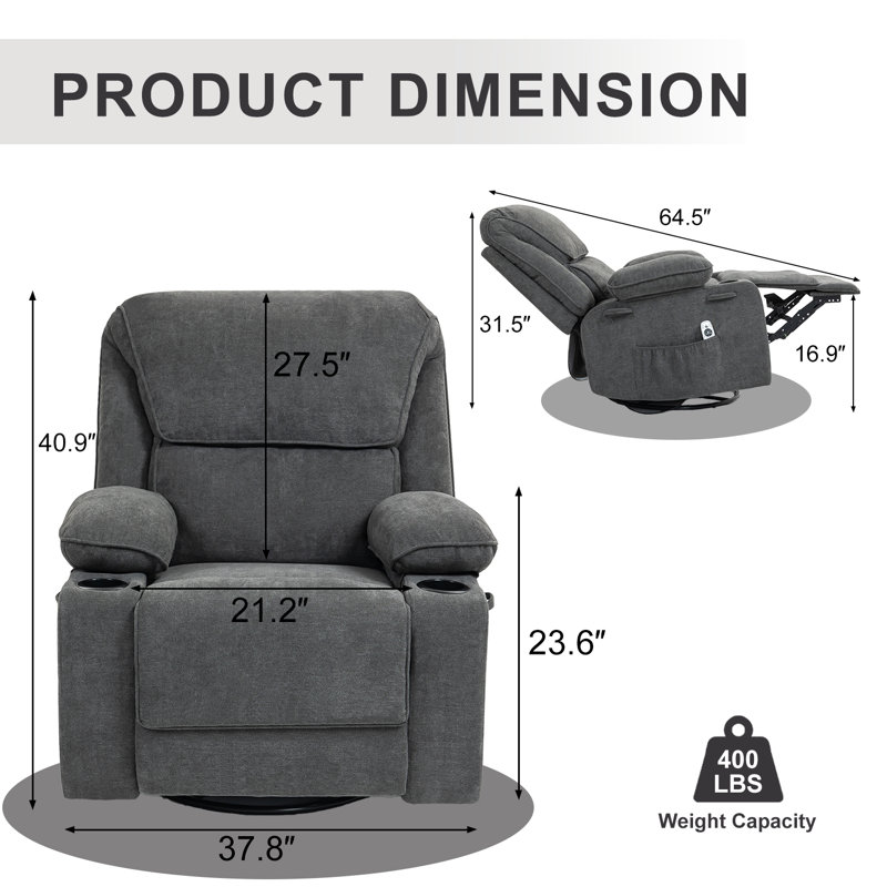 Rocker Recliner Swivel Heated Massage Reclining Chair, Dark Gray