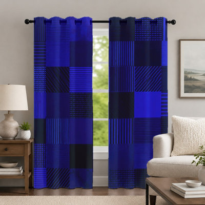 2Pcs Geometric Patchwork Curtains, Navy Blue Striped Grid Pattern Drapes, Modern Minimalist Style Grommet Window Panels, Decor for Bedroom Living Room Home Decor