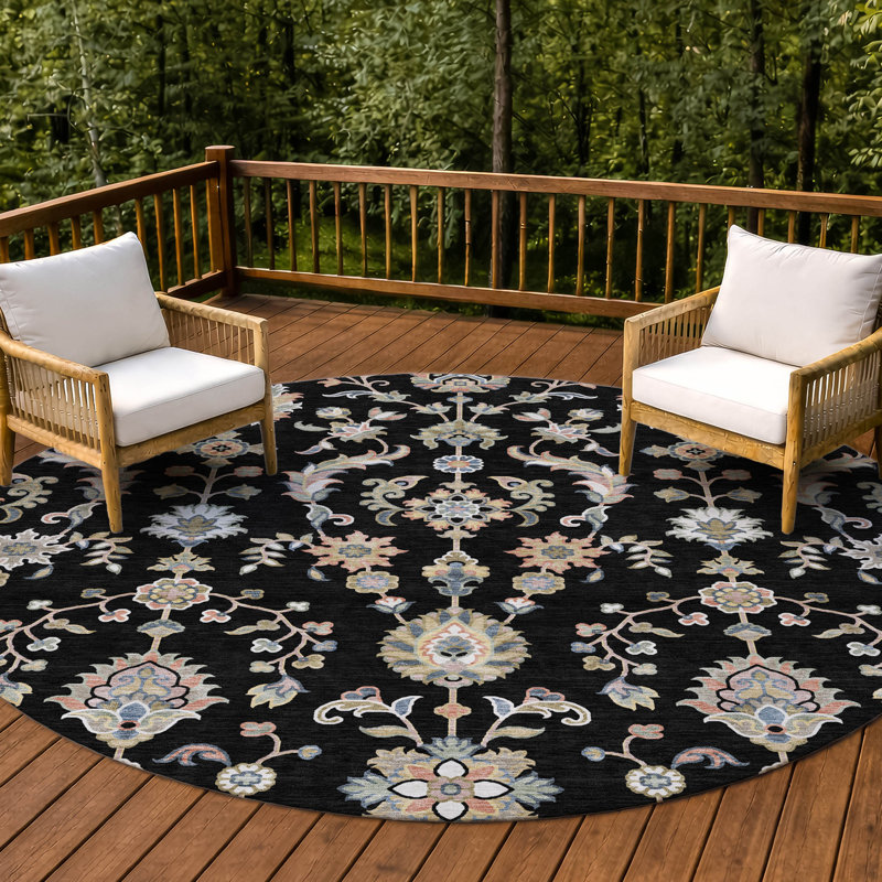 Tapis traditionnel lavable à la machine intérieur / extérieur ACN2585 Chantille, Rond 8 pi, Noir