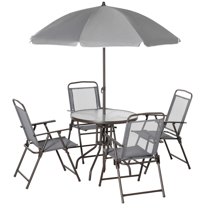 Outsunny 6 Piece Patio Dining Set For 4 With Umbrella, Outdoor Table And Chairs With 4 Folding Dining Chairs & Round Glass Table For Garden, Backyard And Poolside