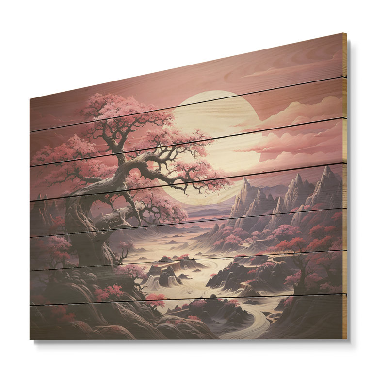 Fleur de cerisier mauve au bord du lac III - Fleur de cerisier sur bois, H 10 po x l 20 po x P 0,78 po