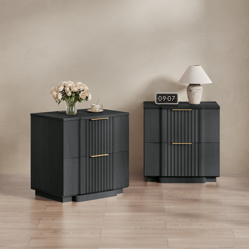 Designer Modern Minimalist Style 2-drawer Fluted Panel Nightstand With Charging Station（set Of 2）, Black