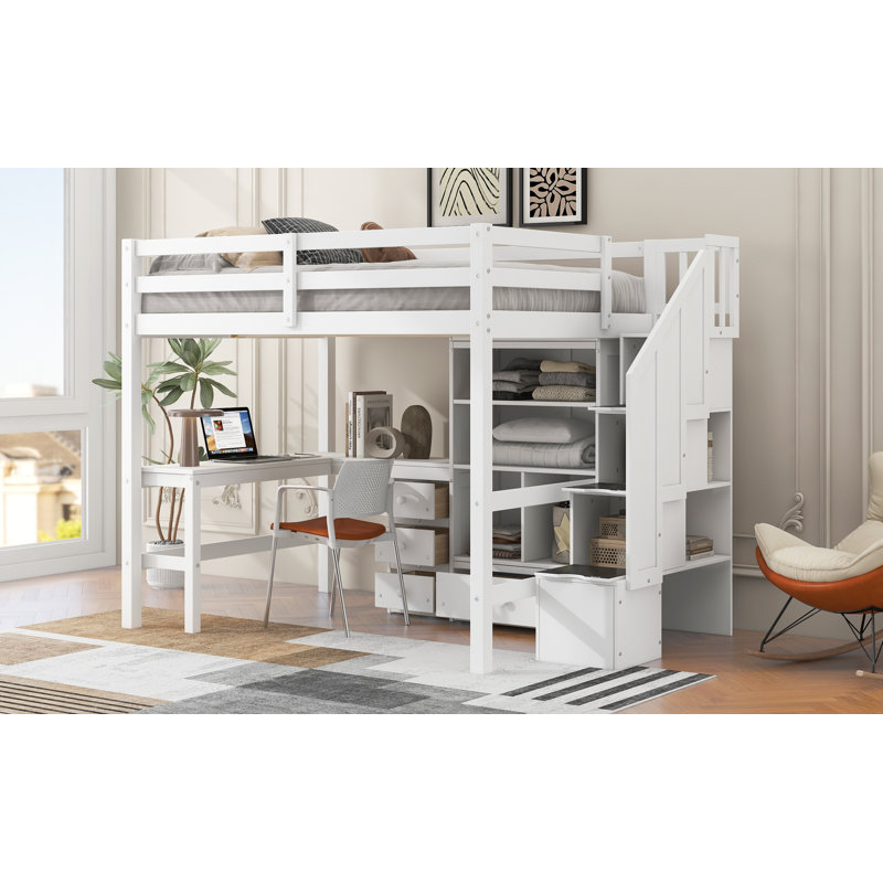  Lit mezzanine double avec bureau en L, armoire, escalier de rangement et espace de travail spacieux, blanc, Blanc