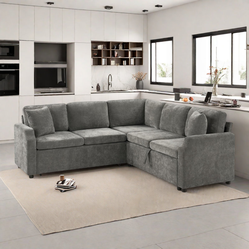 L-shaped Sectional Sofa With Hidden Storage Compartment, Gray Chenille