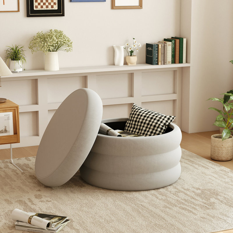 26.3" Extra Wide Velvet Round Storage Ottoman, Upholstered Foot Stool with Removable Lid for Living Room, Gray, Gray-26.3"
