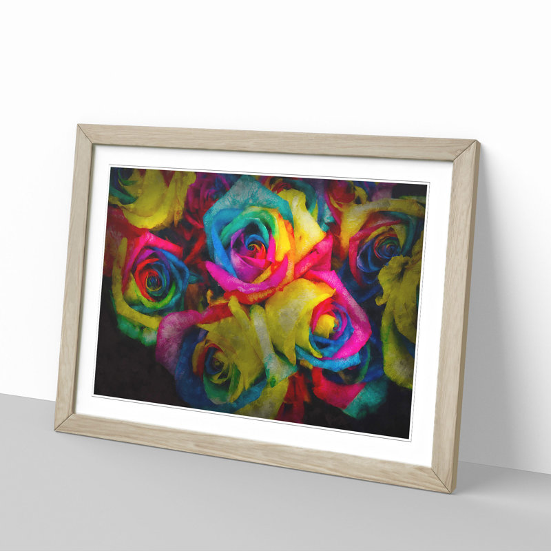 Multi-Coloured Rainbow Roses - Picture Frame Graphic Art Print, 24cm H x 33cm W x 2cm D, Oak Framed