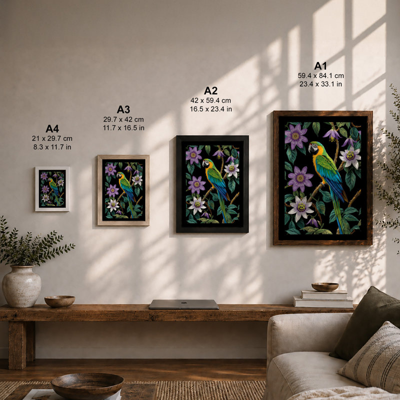 Macaw Among Passion Flowers Tropical - Framed Print, A2 - 59.4 x 42.0 cm, White