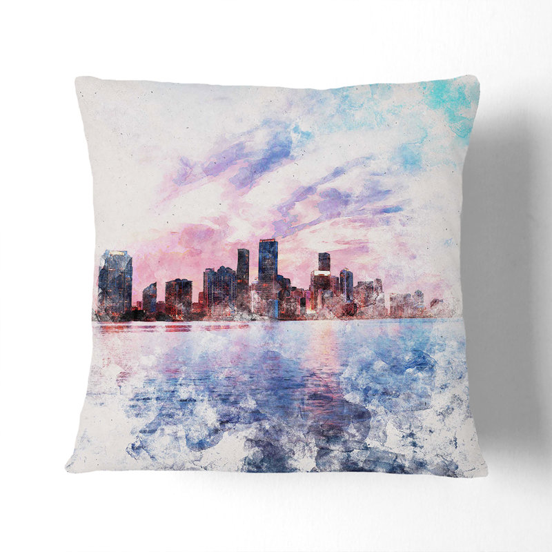 Miami Florida Skyline Watercolour Cushion with Filling, 55cm H x 55cm W x 20cm D, Stone
