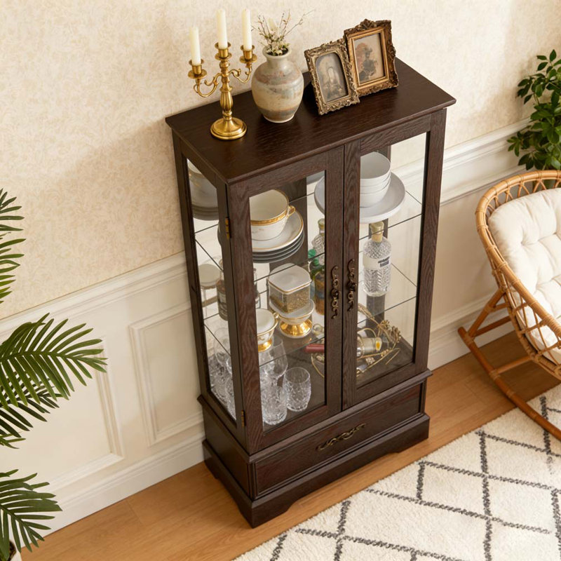 Vitrine lumineuse en verre avec tablettes réglables, Cerisier