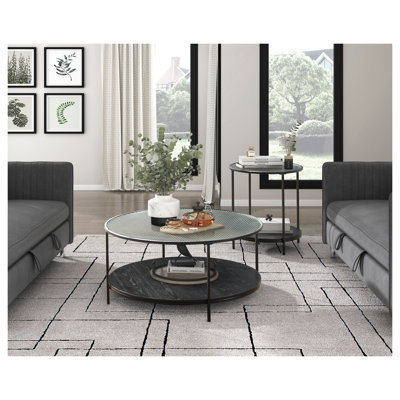 Modern 2-Piece Occasional Table Set with Tempered Glass Top - Black Metal Frame Coffee Table and End Table for Living Room Furniture