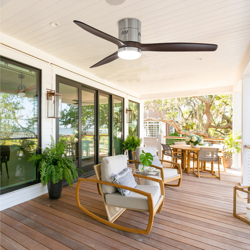 Ryme 52 In. Nickel Dark Walnut Flush Mount Standard Ceiling Fan With Integrated LED With Remote Included DC Motor