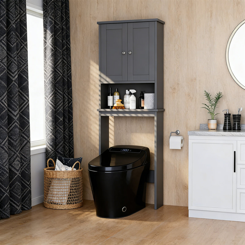 Over The Toilet Storage Cabinet With 2 Wood Doors & Adjustable/Open Shelves, Freestanding, Gray, 65.4" H x 23.6" W x 9.1" D