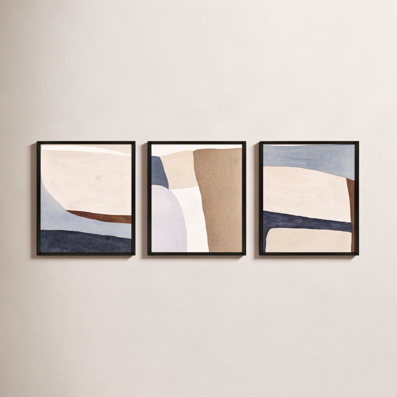 Divided By 3 In Blue By Julia Balfour - Framed Wall Art, 25" H x 60" W, Black