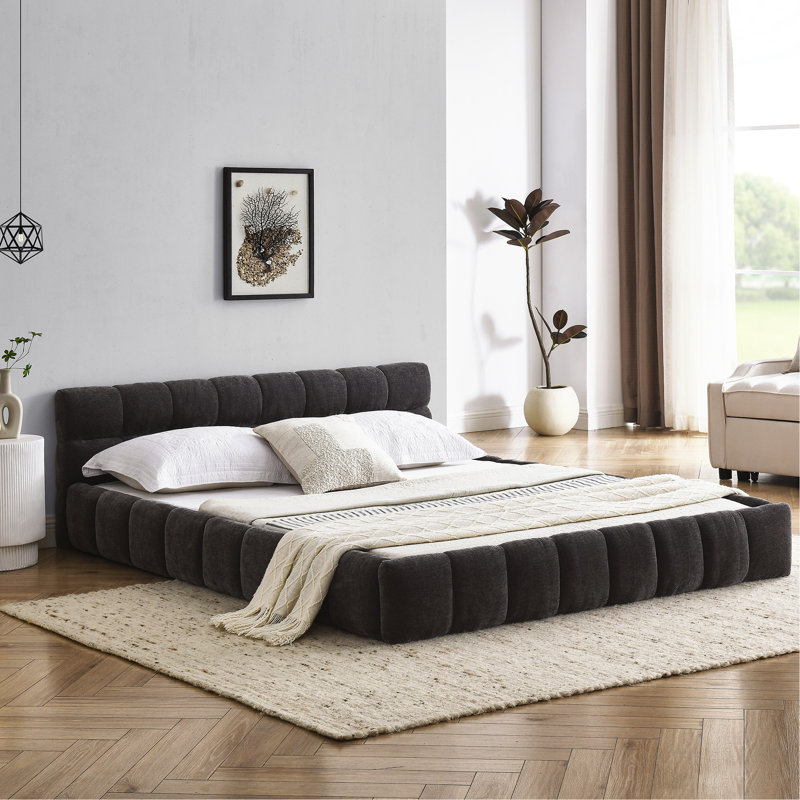 Grand lit tapissier gris foncé, tissu chenille, fabrication stable, sans sommier tapissier pour lit, cadre solide, requis