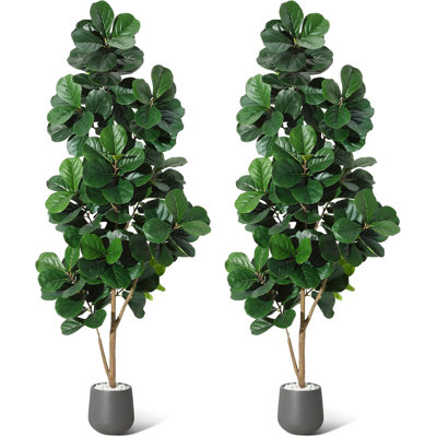 7FT Artificial Fiddle Leaf Fig Trees Set of 2, 141 Leaves, Grey Planters Indoor Decor