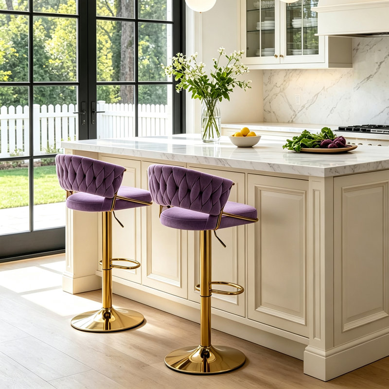 Christal Swivel Upholstered Adjustable Height Counter Stool, Gold, Purple