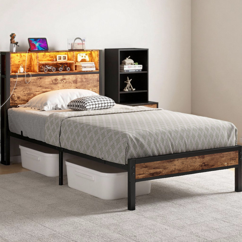 Twin Size Metal Platform Bed Frame With LED Lights, Charging Station & Storage Headboard - Heavy Duty No Box Spring Needed​​