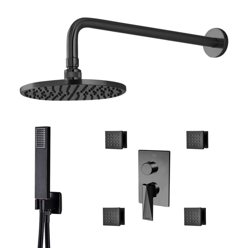 Bravat 3 Way Concealed Shower Mixer Set with Wall Mount Thermostatic Valve System, Black