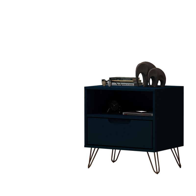 Table de chevet 1 tiroir Mid-Century moderne bleu Mid-Century Rockefeller, Bleu minuit Tatiana