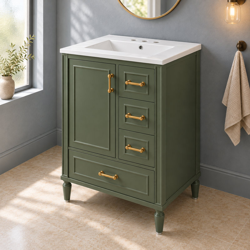 Meuble-lavabo de 61,2 cm (24,12 pouces) avec lavabo en céramique, fini vert olive, portes à fermeture douce, 3 tiroirs et poignées dorées – idéal pour les salles de bains.