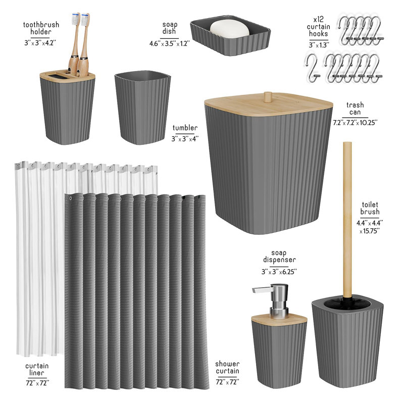 Complete 20 Piece Bathroom Accessory Set with Shower Curtain, Liner, and Hooks, Gray