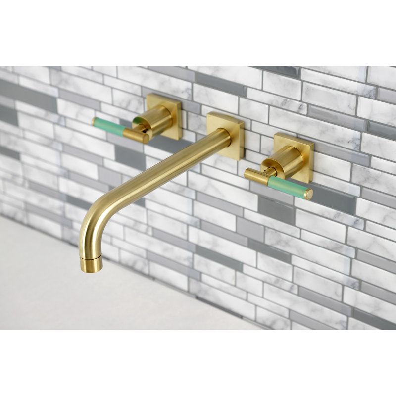 Kingston Brass Manhattan Two-Handle 3-Hole Wall Mount Roman Tub Faucet, Brushed Brass, Lever Wrap